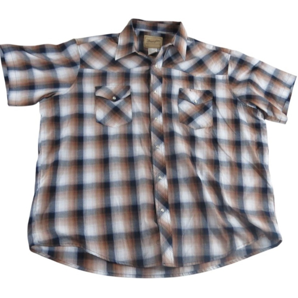 Wrangler Western Shirt Plaid Pearl Snap Flap Pocket Brown Casual Top Men 2XL Cow
